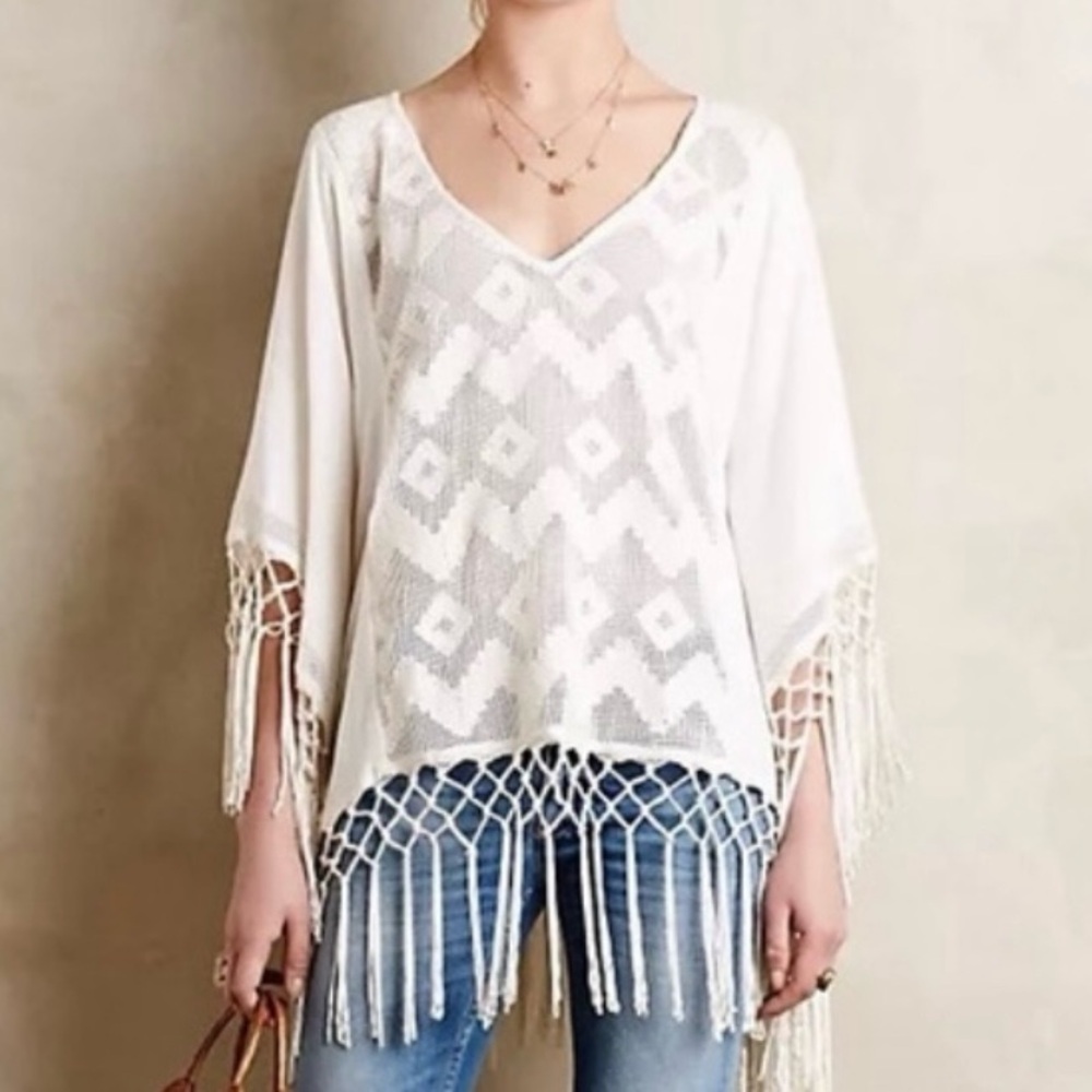 Anthropologie Lilka Cream Fringe Boho Top